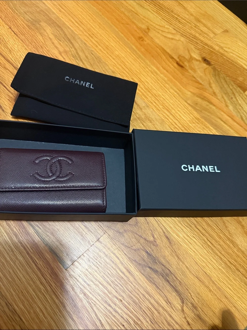 CHANEL Burgundy Pebbled Leather CC Folded Card Case